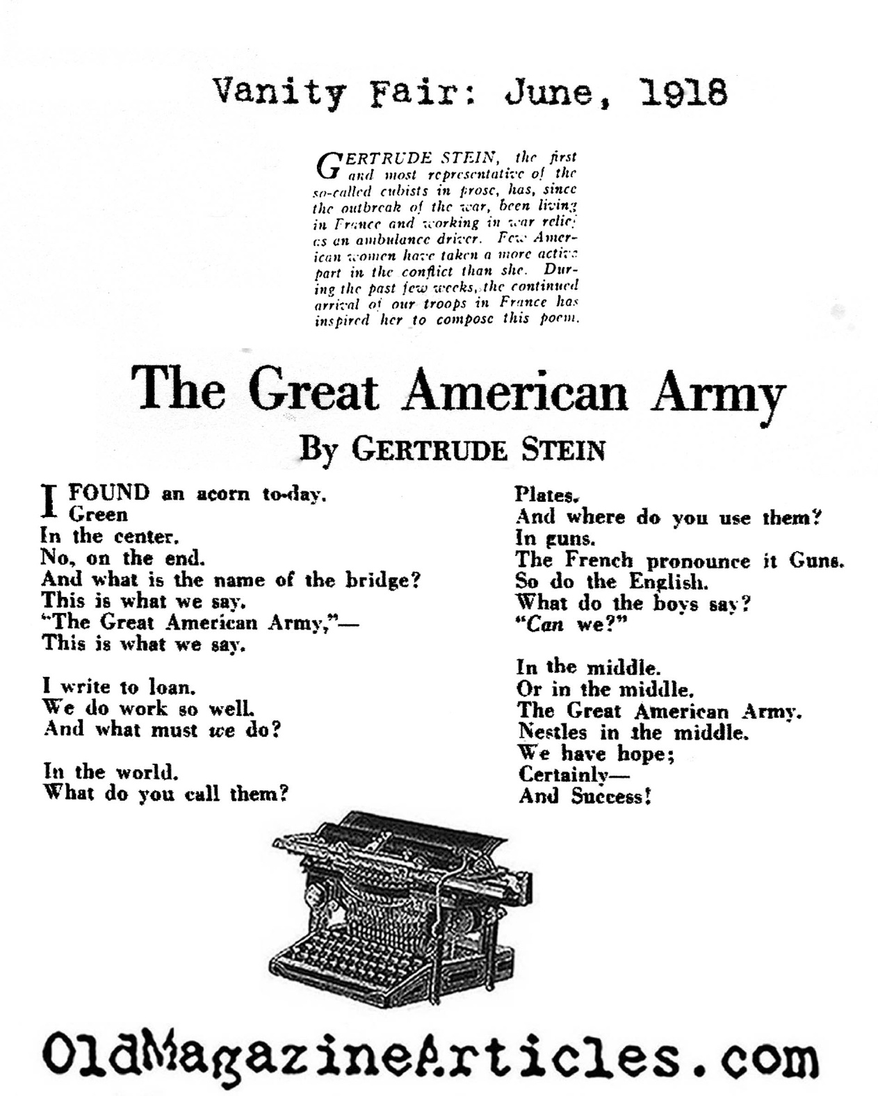 Patriotic Verse by Gertrude Stein (Vanity Fair, 1918)